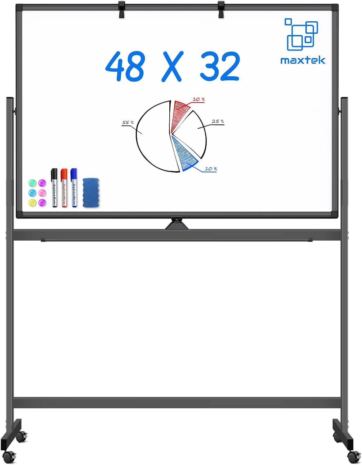 Maxtek Rolling White Board on Wheels 48x32 in, Double-Sided Magnetic Black