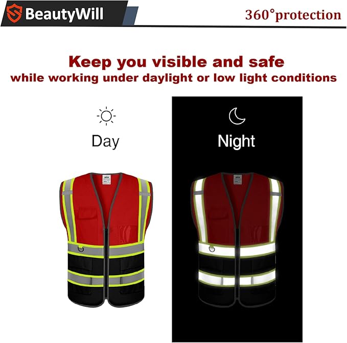 5 Pack Custom Safety Vest Customized Logo Mesh Vest Class 2 High Visibility Reflective Vest with Pockets Workwear（Red Black，XL ）