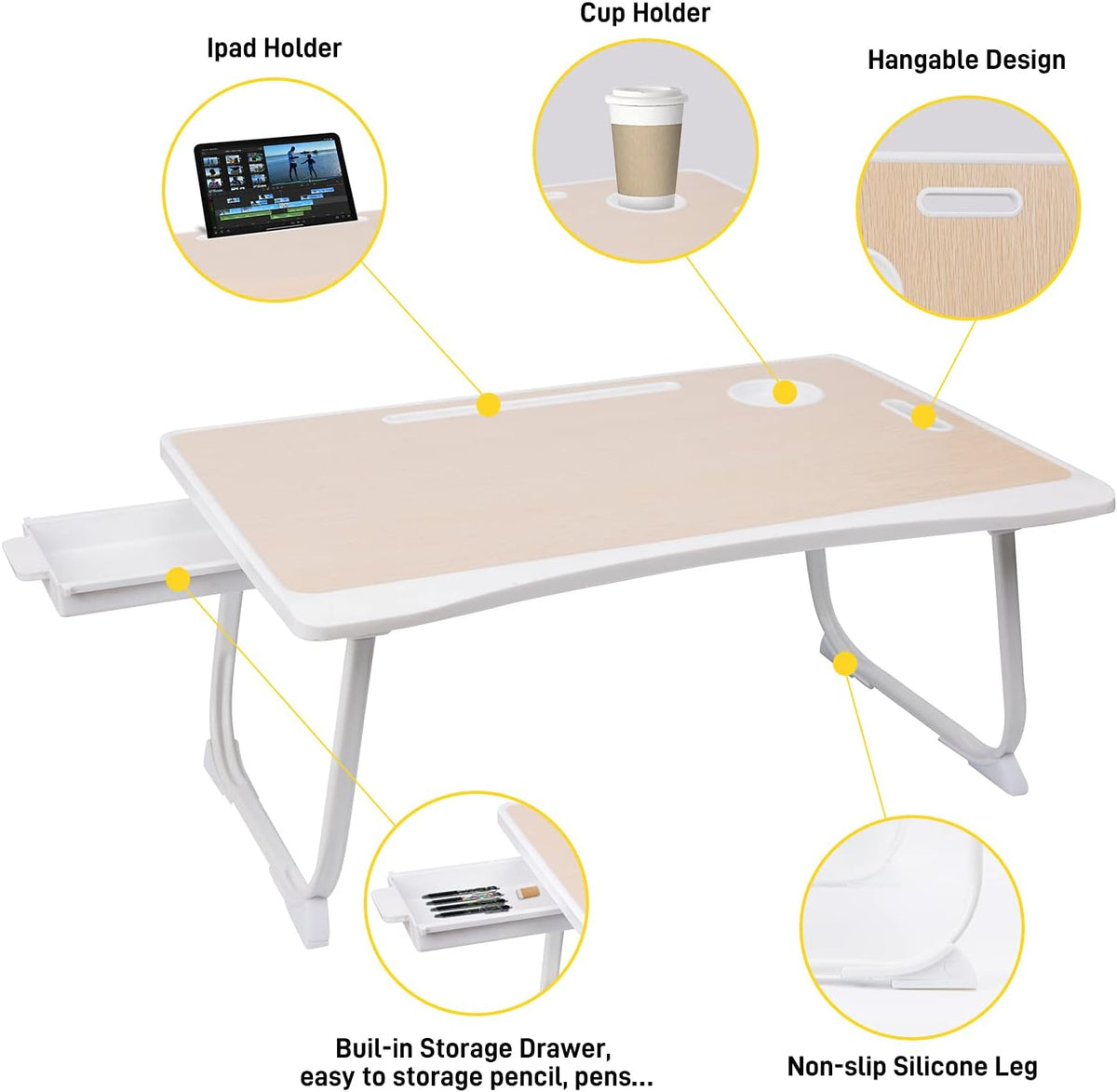 Amaredom Lap Desk, Foldable Bed Desk for Laptop, 23.6" x15.7" - White Oak