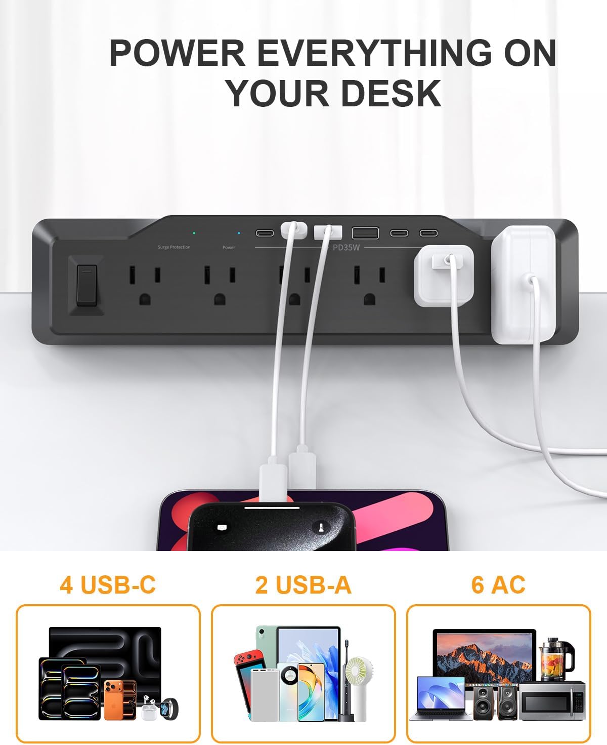 Desk Clamp Power Strip Surge Protector, 6 Outlets, Flat Plug, 1800J, 4 USB-C Ports (Any Port 35W), for Home & Office, Flame-Retardant PC-ABS Housing, Fits 1.96" Desk Edge, Black