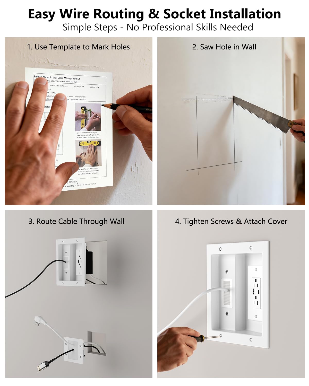 Forging Mount TV Cord Hider for Wall Mounted TV with 2 AC Outlets, USB-A Ports & Type C Ports, in-Wall TV Cable Concealer Kit with Recessed Power, Easy, Safe Cable Management with 9.6” Extension Cord