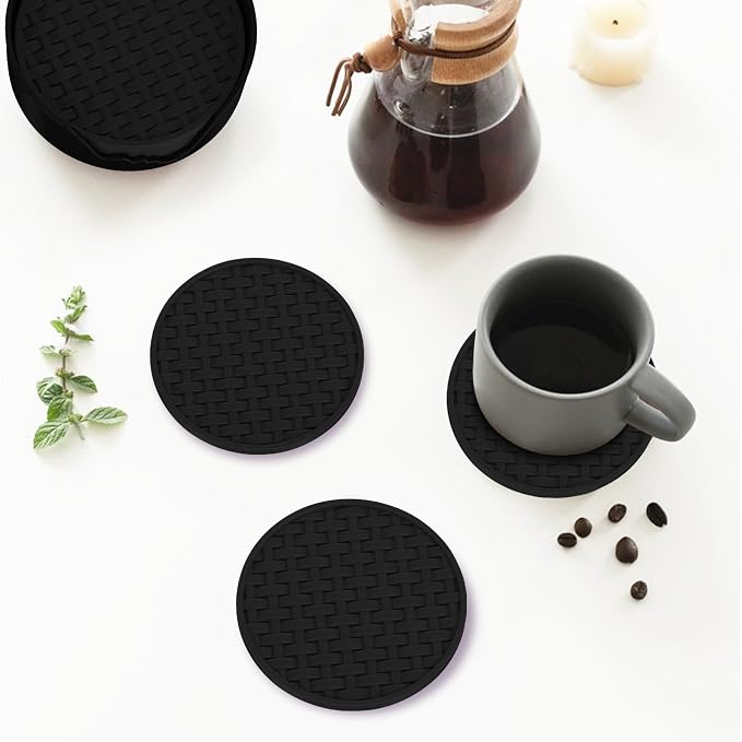 4 Inch Black Silicone Drink Coaster Set of 6, Heat-Resistant Non-Slip Mats |
