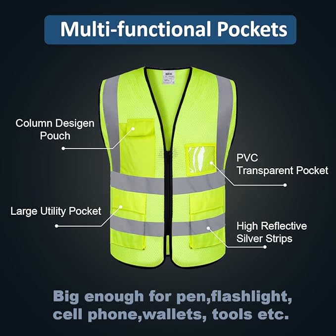 Mesh Safety Vest Custom Logo Class 2 High Visibility Reflective Vest with Pockets Construction Security Work Vest（Yellow，XL）