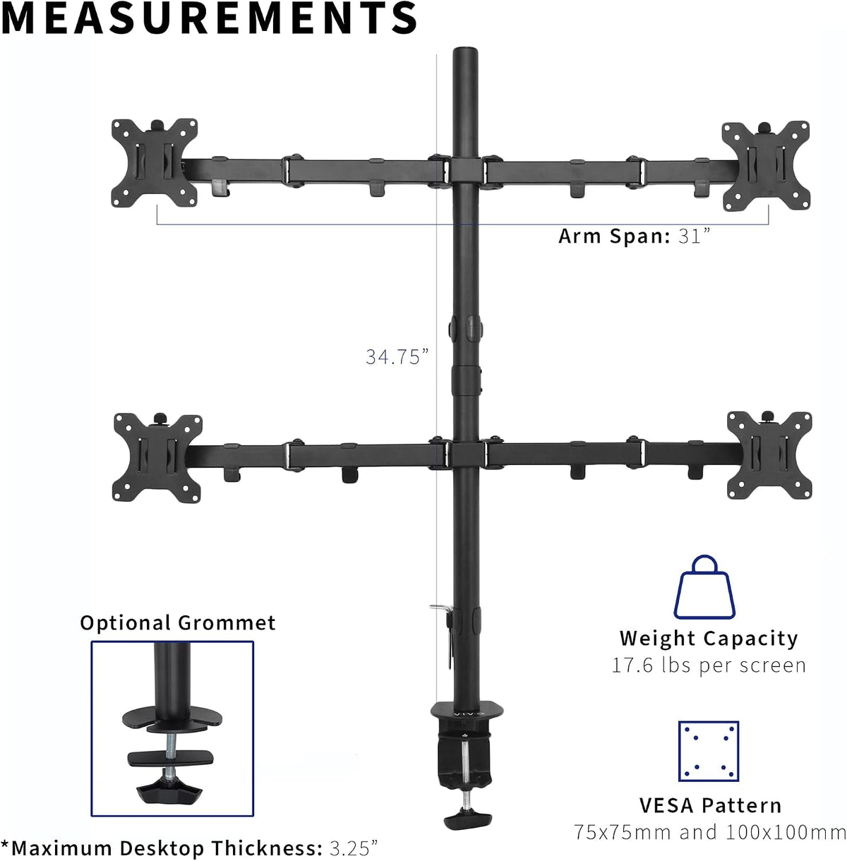 VIVO Quad 13 to 30 inch LCD Monitor Desk Mount | Adjustable 4 Screen Stand