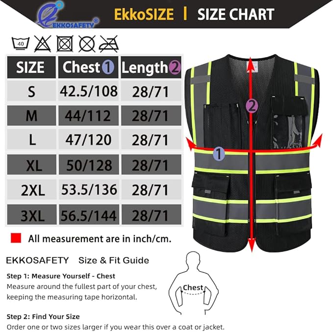 9 Pockes Black Reflecive Safety Vest for Men with Double Stitching Knots around All Pockets and Zipper High Visibility Mesh Construction Work Vest,Meets ANSI/ISEA Standards(EK176-Black-XL)