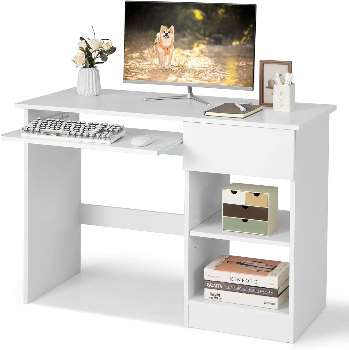 COSTWAY Computer Desk with Keyboard Tray, Large Drawer, Home Office Desk with Adjustable Shelf & Cable Hole, Study Desk, Modern Writing Workstation, PC Laptop Table (White)