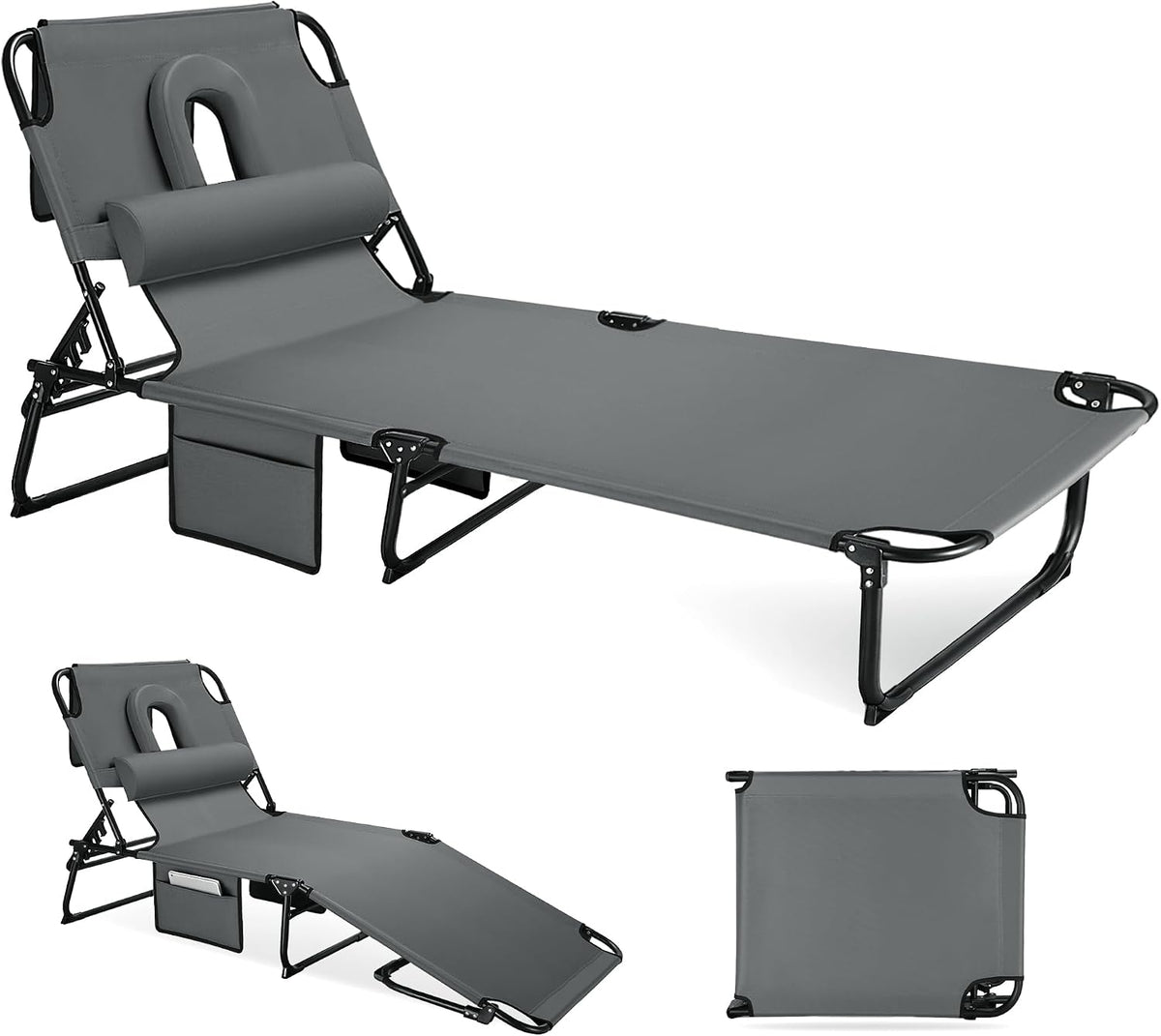 3-in-1 Sun Tanning Chair Outdoor Folding Chaise Lounge for Pool Beach, Grey