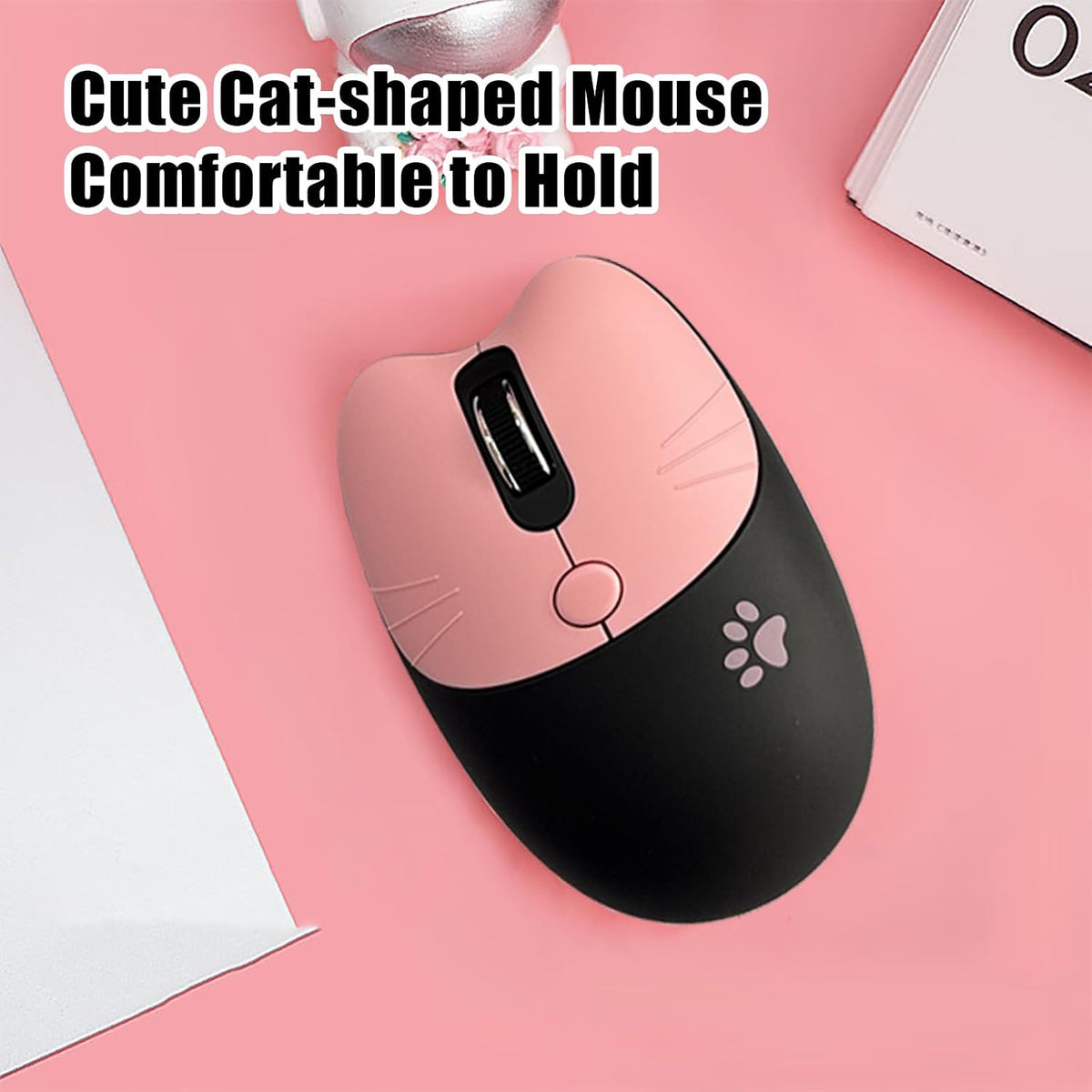 Cute Cat 2.4G USB Wireless Keyboard and Mouse Combo, Silent Keys, Candy Colors, Compatible with Notebook, PC (BlackPink-110Keys)