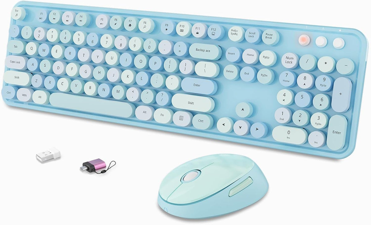 Wireless Keyboard and Mouse Combo, Ergonomic Full Size Typewriter Retro Round Keycaps Keyboard, Compatible with Windows, PC, Perfer for Home and Office Keyboards (Blue
