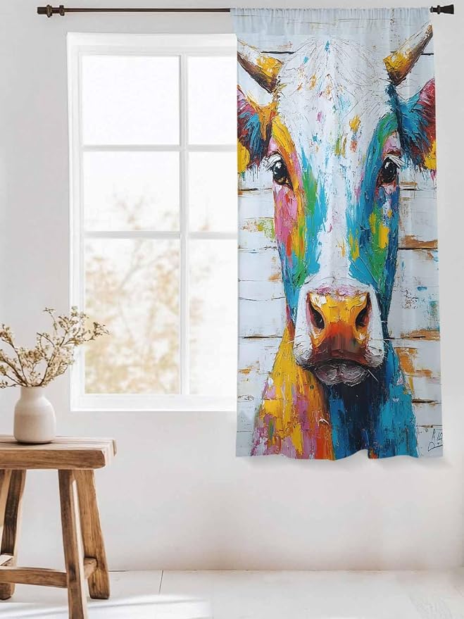 Sheer Curtains 72 Inches Long, Funny Colorful Cow Semi Sheer Curtains Light