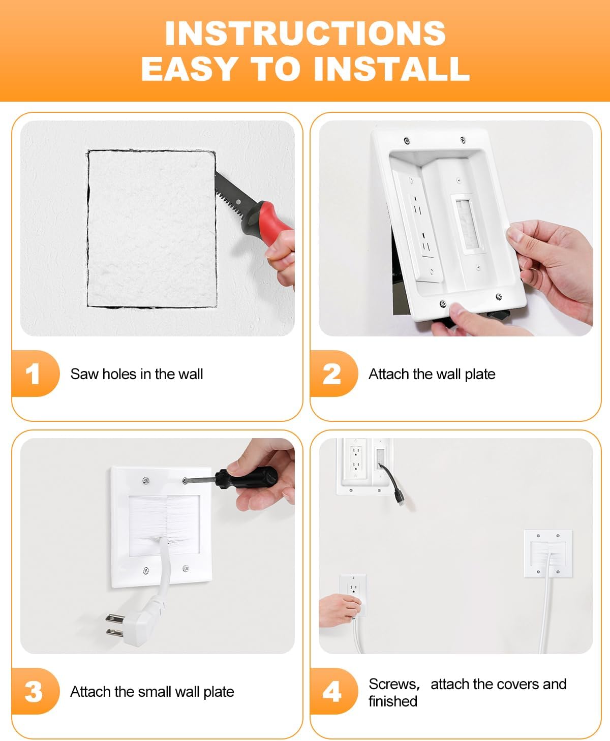 in Wall Cable Management Kit with Recessed Outlet Box, Two-Hole Socket, 10ft Power Cord, Tv Cable Hider Wall Kit Fits All Plugs, Easy, Safe Cable Management