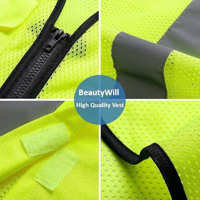 Mesh Safety Vest Custom Logo Class 2 High Visibility Reflective Vest with Pockets Construction Security Work Vest（Yellow，L）