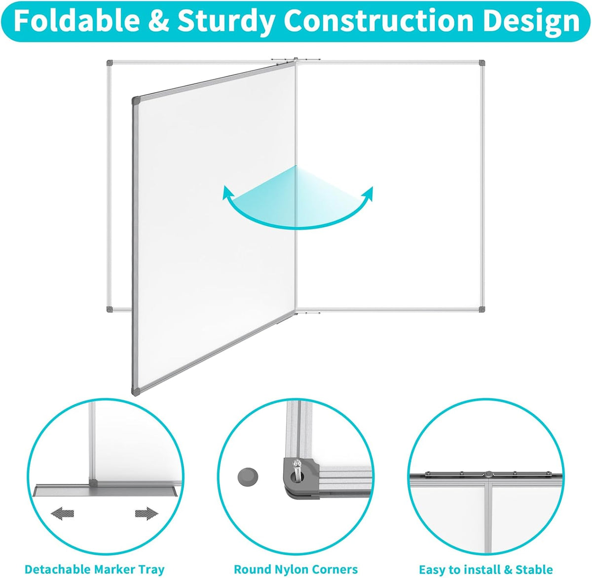 JILoffice Large Foldable White Board 60x40 Inches, Dry Erase Magnetic White Board, Silver Aluminum Frame with 2 Detachable Marker Tray Wall Mounted Board for Office Home and School