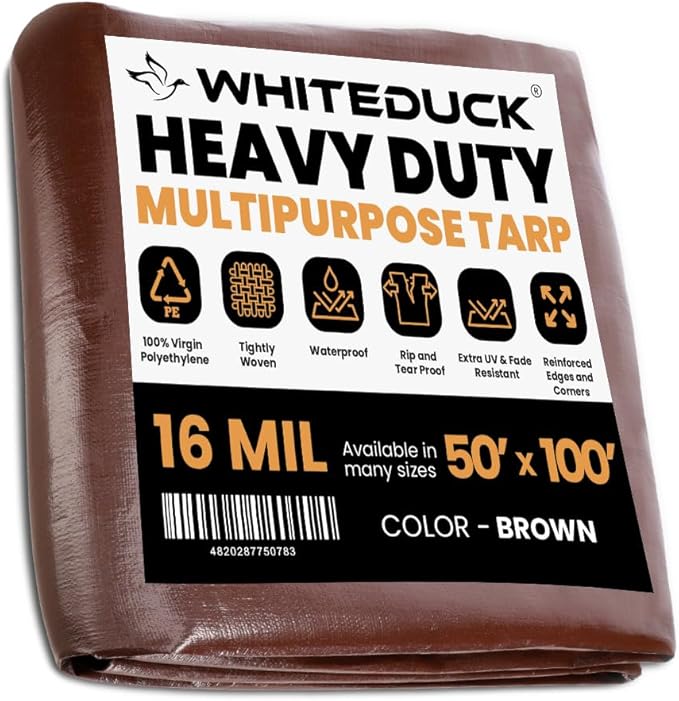 WHITEDUCK Super Heavy Duty Poly Tarp Cover 16 Mil & 10 Mil with Grommets and Reinforced Edges (Brown, White & Silver Black) (Brown- 16 Mil, 50' x 100')