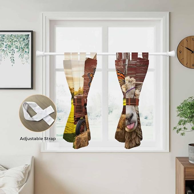 Farm Sheep Kitchen Curtains 45 Inch Length, Short Cafe Window Curtains Tab Top