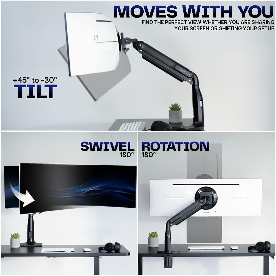 VIVO Aluminum Ultrawide Monitor Stand, Classic, Fits up to 49 inch Computer Screens, Single Articulating Pneumatic Arm, C-Clamp and Grommet Desk Mount, Max VESA 200x100, Black, STAND-V100H