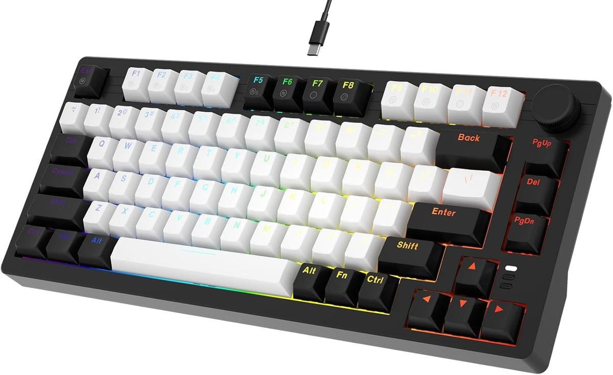 DAREU EK75 Wired Mechanical Keyboard,75% Keyboard with Volume Knob,Gasket Mount Mechanical Gaming Keyboards,81 Keys Rainbow Backlit,PBT Keycaps,Linear Dream Switch for PC Laptop Windows(Black-White)