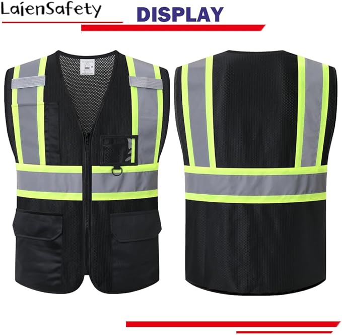 Safety Vest for Men Women,Mesh High Visibility Reflective Vest with Multiple Pockets and Zipper Front,Meets ANSI/ISEA Standards(EK1-178-Black-L)