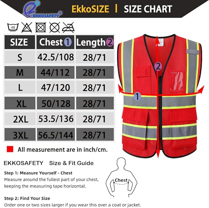 Reflective Mesh Safety Vest for Men Women with 5 Pockets and Zipper Front High Visibility Vest Hi Vis Construction Work Vest,Meets ANSI/ISEA Standards(EK175-Red-2XL)