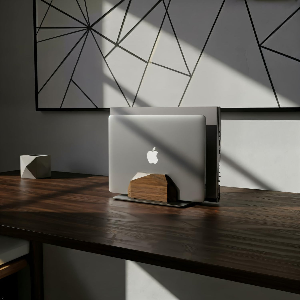 Walnut Vertical Laptop Stand, Dual Slot Wood Laptop Holder for Desk