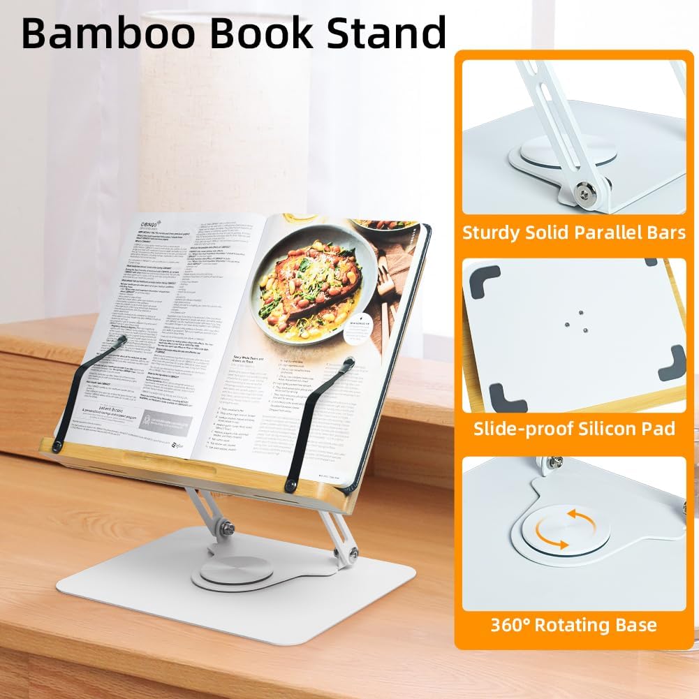 Wishacc 360 Degree Adjustable Book Stand, Reading Holder with Rotating Base (13.2 x 9.2 inches)