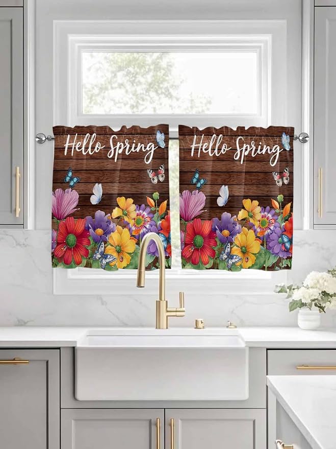 Spring Flowers Half Window Curtain 36 Inches Long, Watercolor Farmhouse