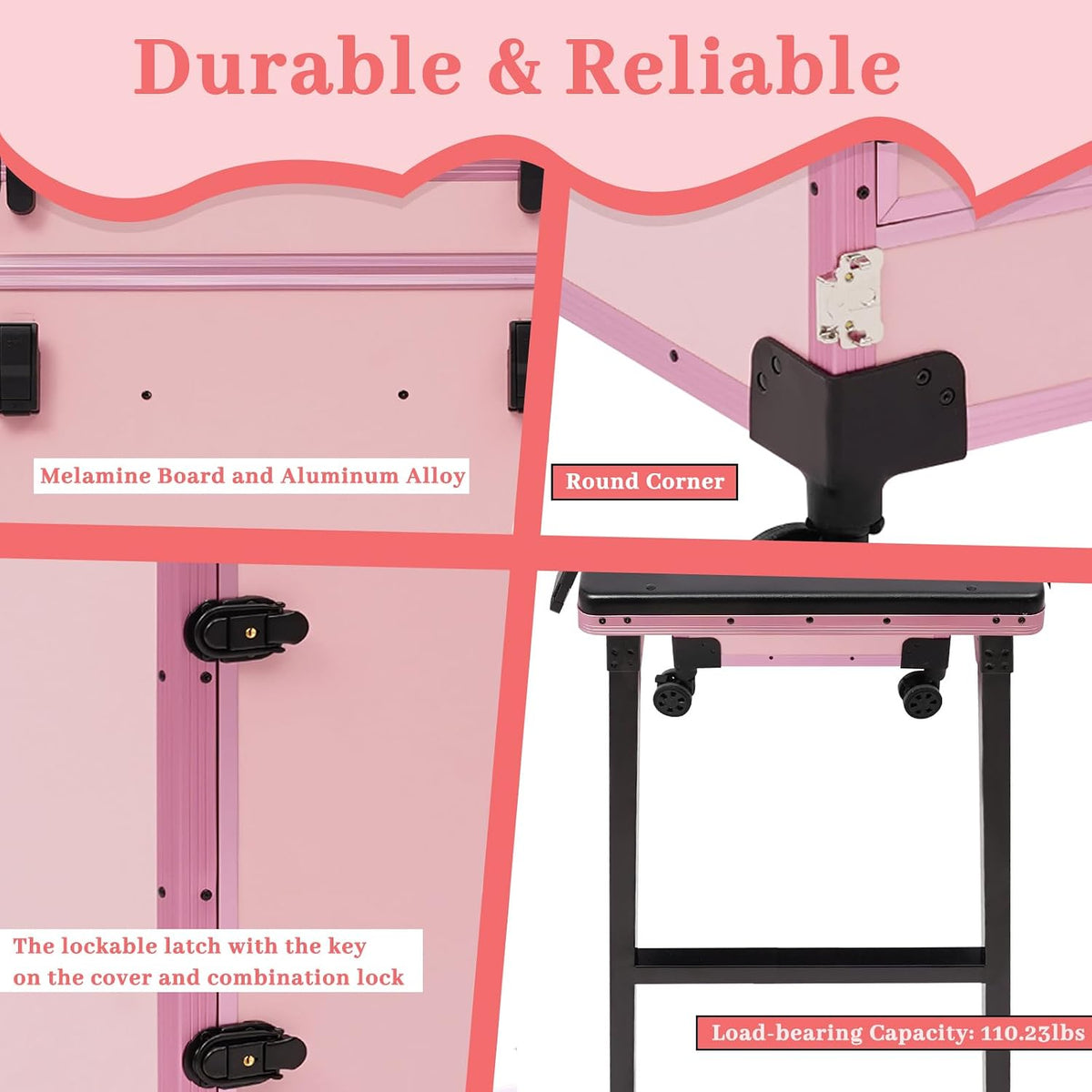 Rolling Makeup Train Case with 4 Drawers&Mirror, Foldable Makeup Nail Desk with Table&Blueteeth Speaker, Lockable Manicure Table for Technician Workstation Salon (Pink)