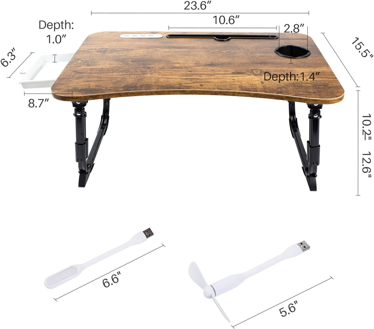 BYMECOST Laptop Desk for Bed, Height Adjustable Laptop Bed Table, Foldable Portable Lap Desk Stand with USB/Storage Drawer/Cup Holder/Slot, Breakfast Tray for Working Reading Writing Eating