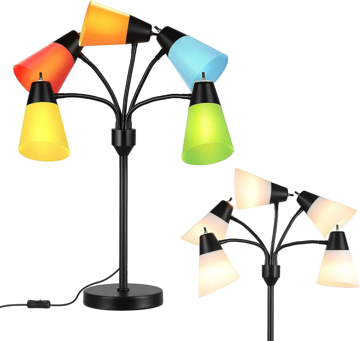 Medusa Bedside Table lamp for Bedroom,Modern Multi Head 5 Shade Lamps, Adjustable Gooseneck Lamp for Night Stands, LED Desk Lamps with Fun Light Multicolored Shades for Livingroom Room,Office(Black)