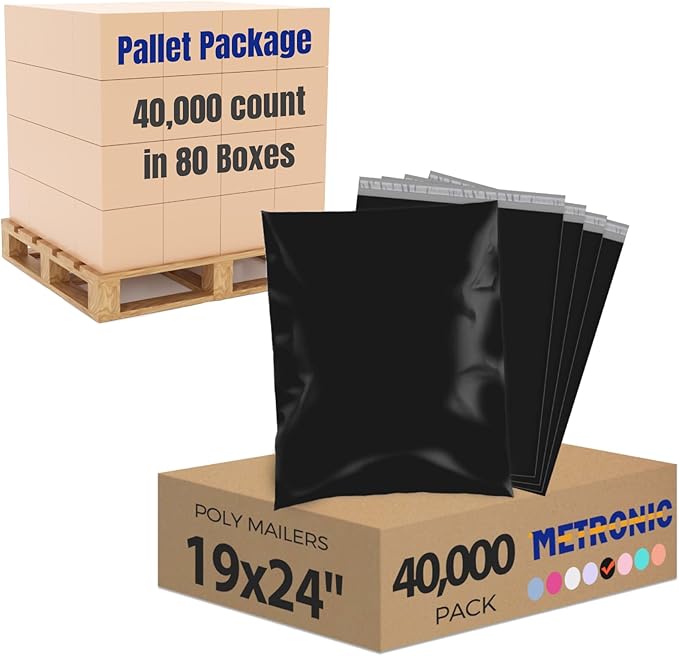 Metronic Poly Mailers 19x24 Inch 40000 Pcs, Large Shipping Bags for Clothing, Small Business, Strong Thick Mailing Bags with Self Adhesive, Waterproof and Tear-Proof Large Shipping Bags Bulk in Black