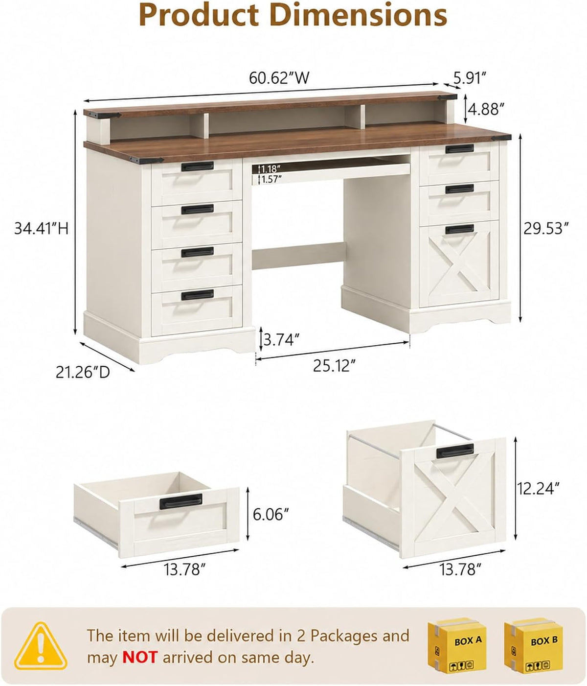 Halitaa 60" Farmhouse Executive Desk with 8 Drawers, Rustic White and Brown