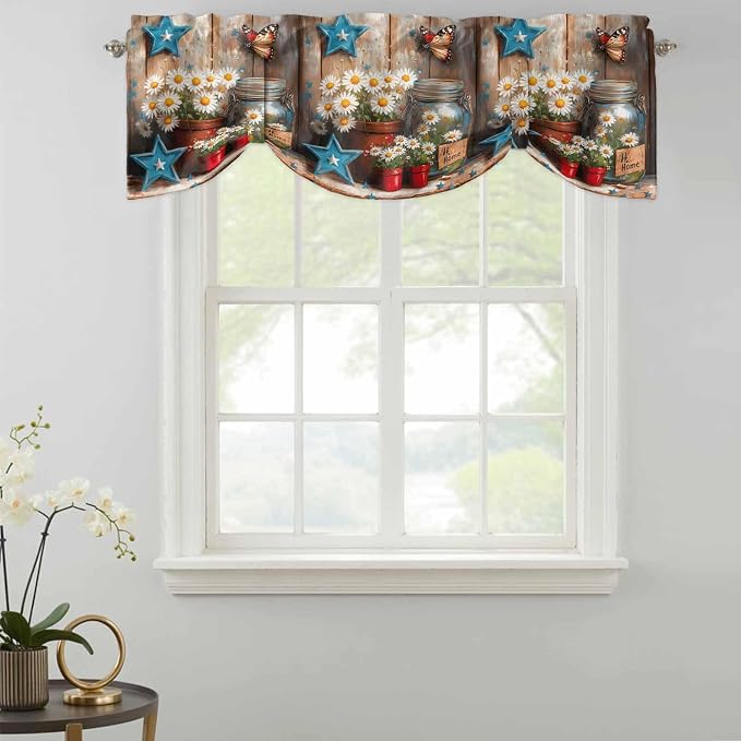 Country Flower Tie Up Valance for Window, Western Texas Star Butterfly Barn