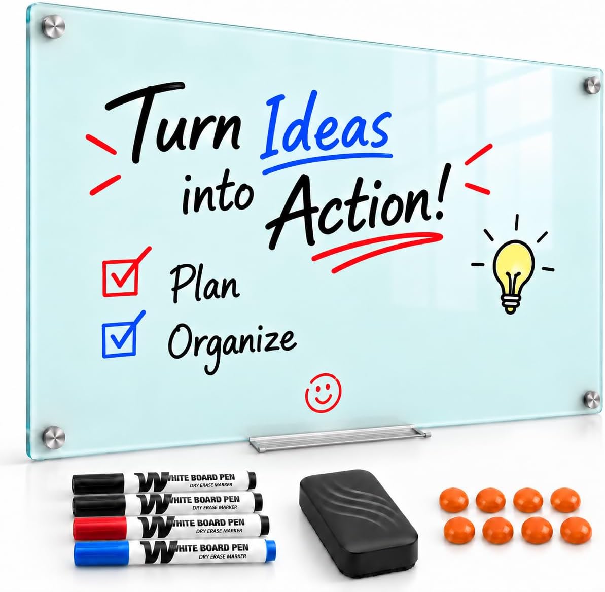 Magnetic Glass Whiteboard, 48 x 36 in, White