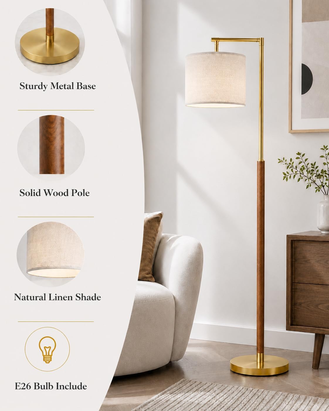 Real Wood Floor Lamps for Living Room, Mid Century Modern Arc Floor Lamp