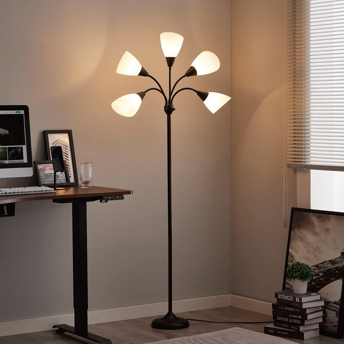 HonoDing Medusa Floor Lamps Standing Lamps 5 Heads Adjustable Reading Light Large Shade Use E26 A19 Bulb Floor Lamps for Living Room Bedroom (Black)
