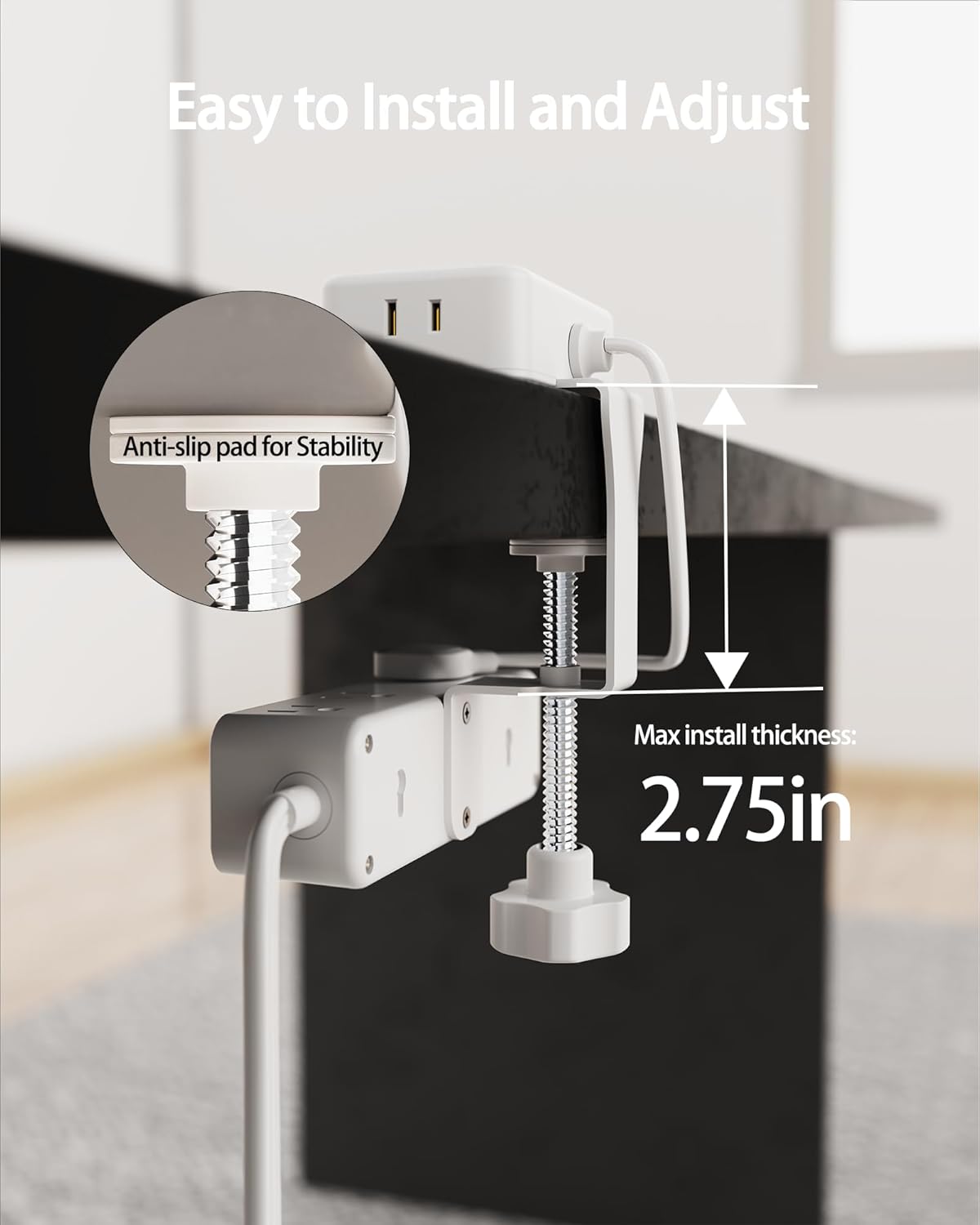 HOPOW Dual Layer Desk Clamp Power Strip, 13 Outlets 4 USB, 10FT Cord, White