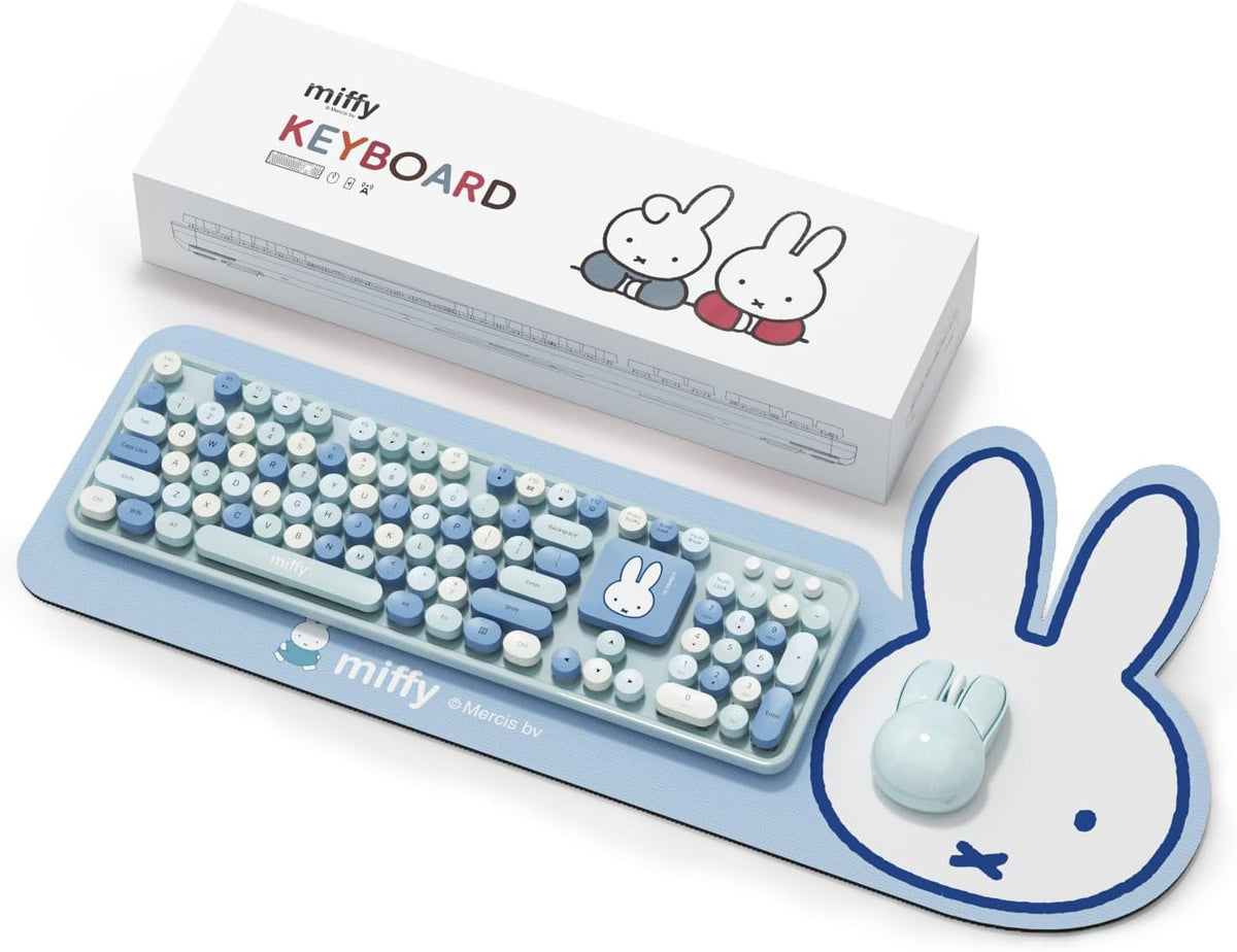 Miffy 104-Key Wireless Keyboard & Mouse Combo with Large Light Blue Desk Pad - Ergonomic Computer Accessories for Office/Home, Cute Kawaii Design - Light Blue