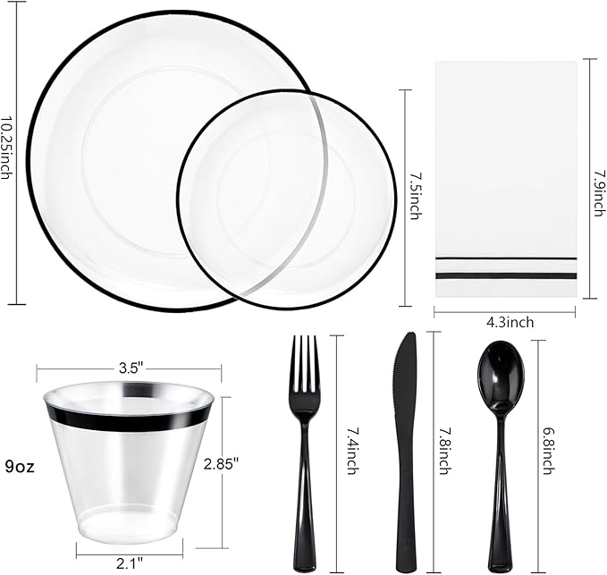 NOCCUR 350PCS Clear and Black Plastic Plates - Disposable Dinnerware Set for 50 Guests Include 100 Dinner/Dessert Plates,150 Black Cutlery,50 Cups&50 Napkins Ideal for Party, Birthday, Halloween