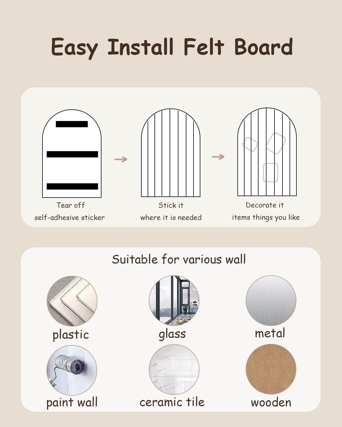 Foldable Bulletin Board 47x24 inches, 0.35" Thick Felt Wall Tiles, Large Cork Board with Adhesive Sticker, Round Edges Wall Panels for Office Bedroom Living Room, Decorative Board (Beige)