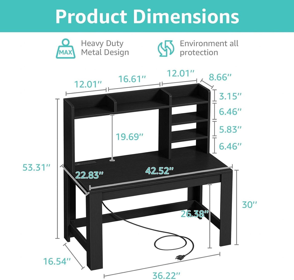 WINAZ 43" Black Gaming Desk with Hutch and Built-in Power Outlet