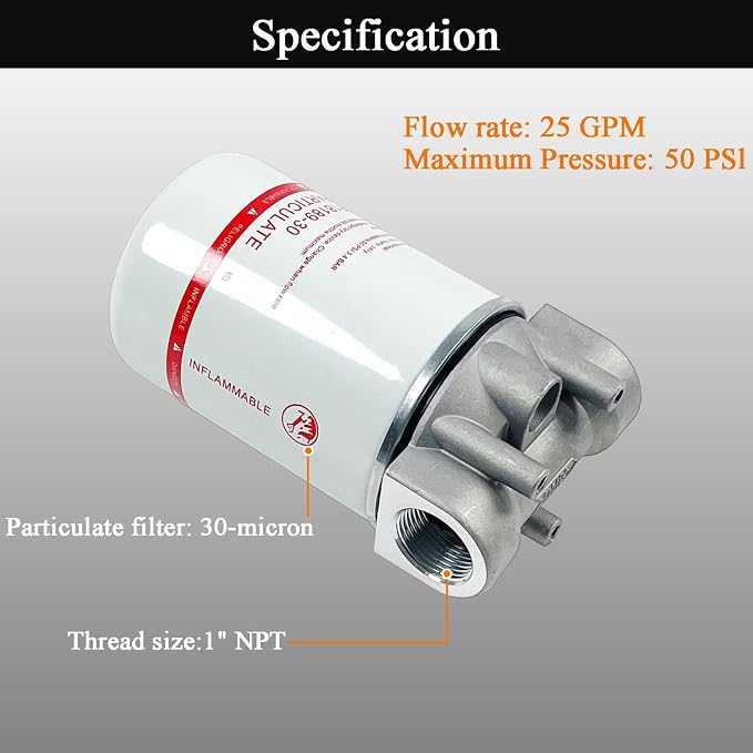 1 Inch NPT Fuel Tank Filter Kit, High Flow Fuel Filter 25 GPM 30 Micron Spin-on