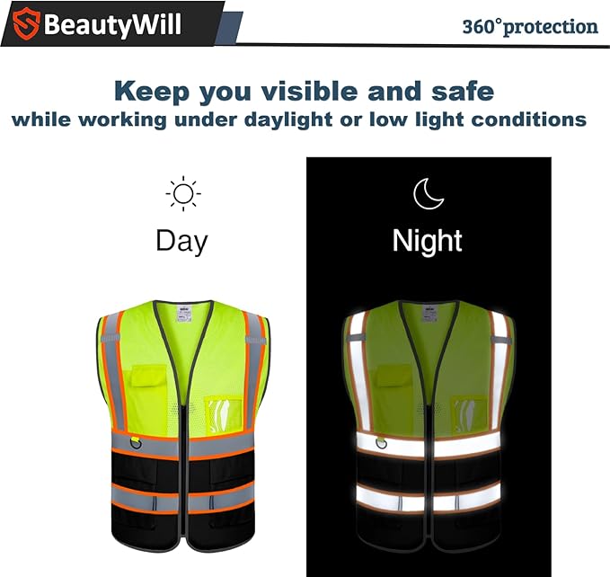 BeautyWill Custom Mesh Safety Vest Customized Logo Class2 High Visibility Reflective Vest with Pockets Construction workwear（Yellow Black，4XL ）