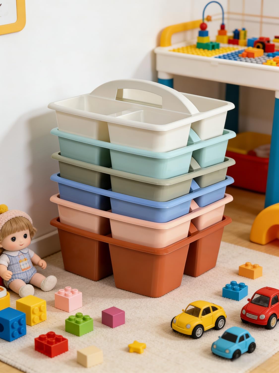 Set of 6 Classroom Caddy, Small Plastic Storage Caddy with Handle, Boho