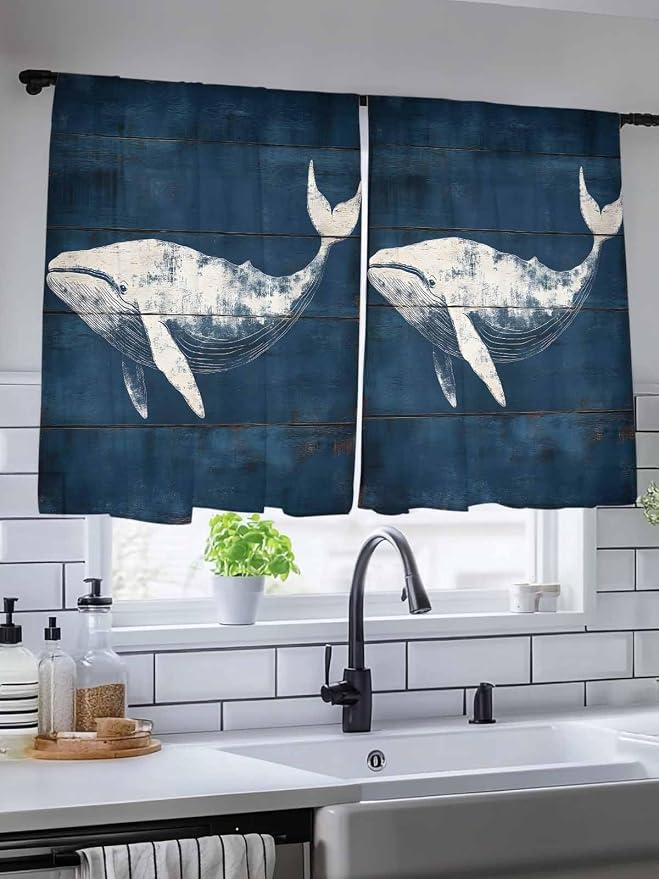 Sheer Curtains 45 Inch Length, Summer Whale Semi Sheer Curtains Light Filtering