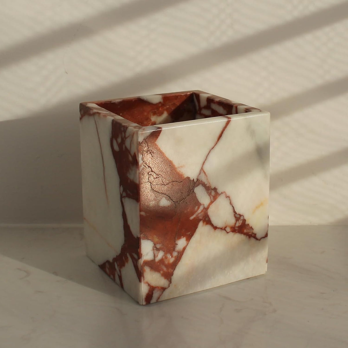 Calacatta Red Marble Toothbrush Holders for Bathroom, Natural Marble Makeup Brush Holder Countertop Organizer