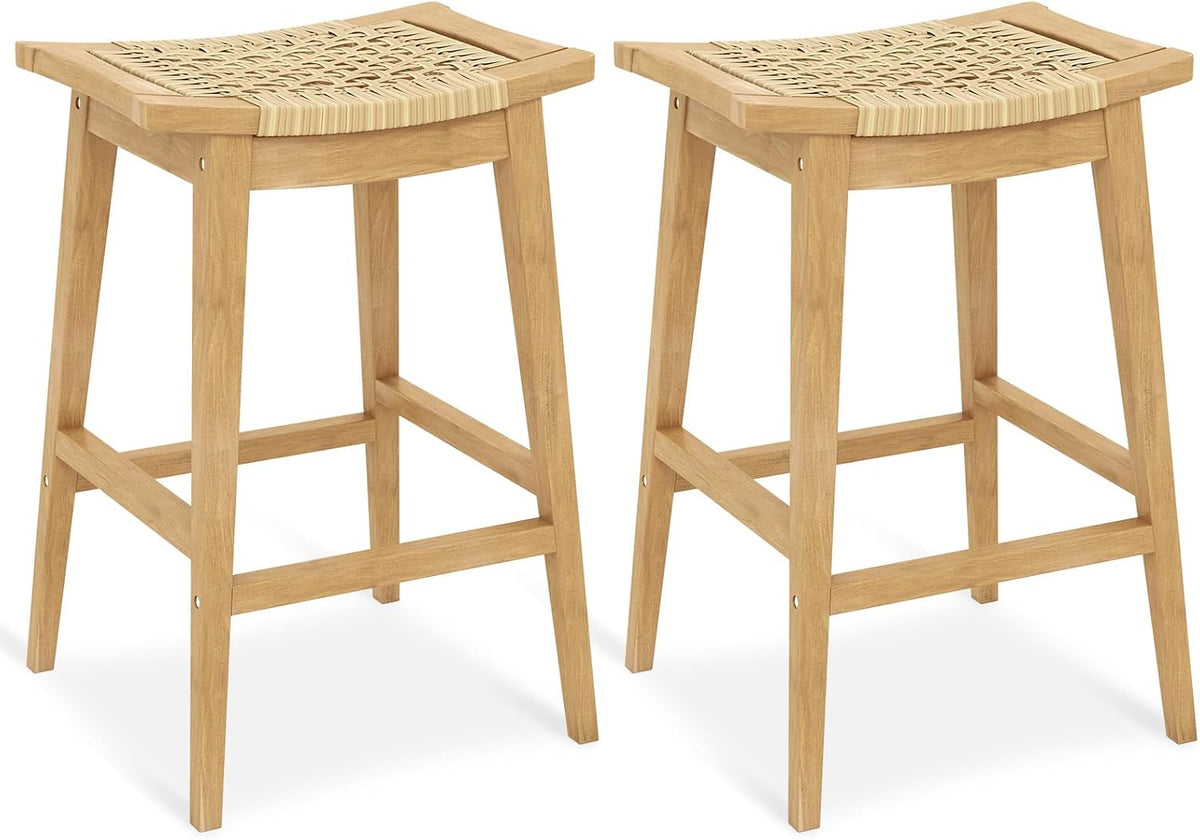 Tangkula Wood Bar Stool Set of 2, 29” Patio Rattan Acacia Barstool with Footrest & Saddle Seat, Boho Bar Height Stool for Indoors Outdoors, Bar Chair for Deck, Garden & Poolside, Natural(2)