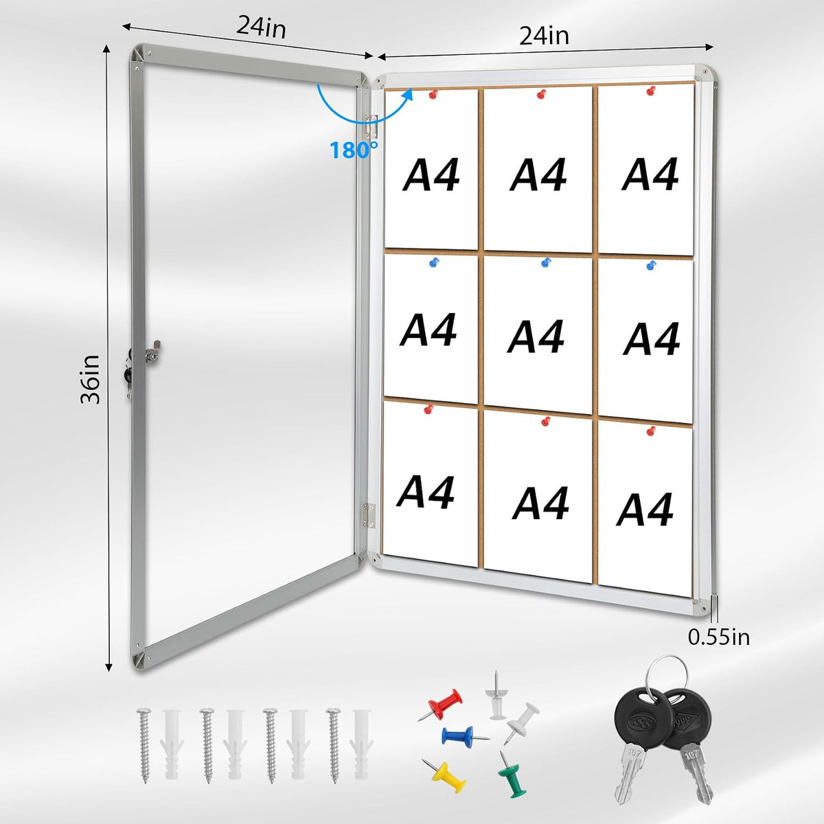 36"x24" Enclosed Bulletin Board Tamper-Proof Dispaly Case, Aluminium Frame, Shatter Resistant Lockable Bulletin Board, Lockable Bulletin Board for School, Office, Commercial, Hospital etc