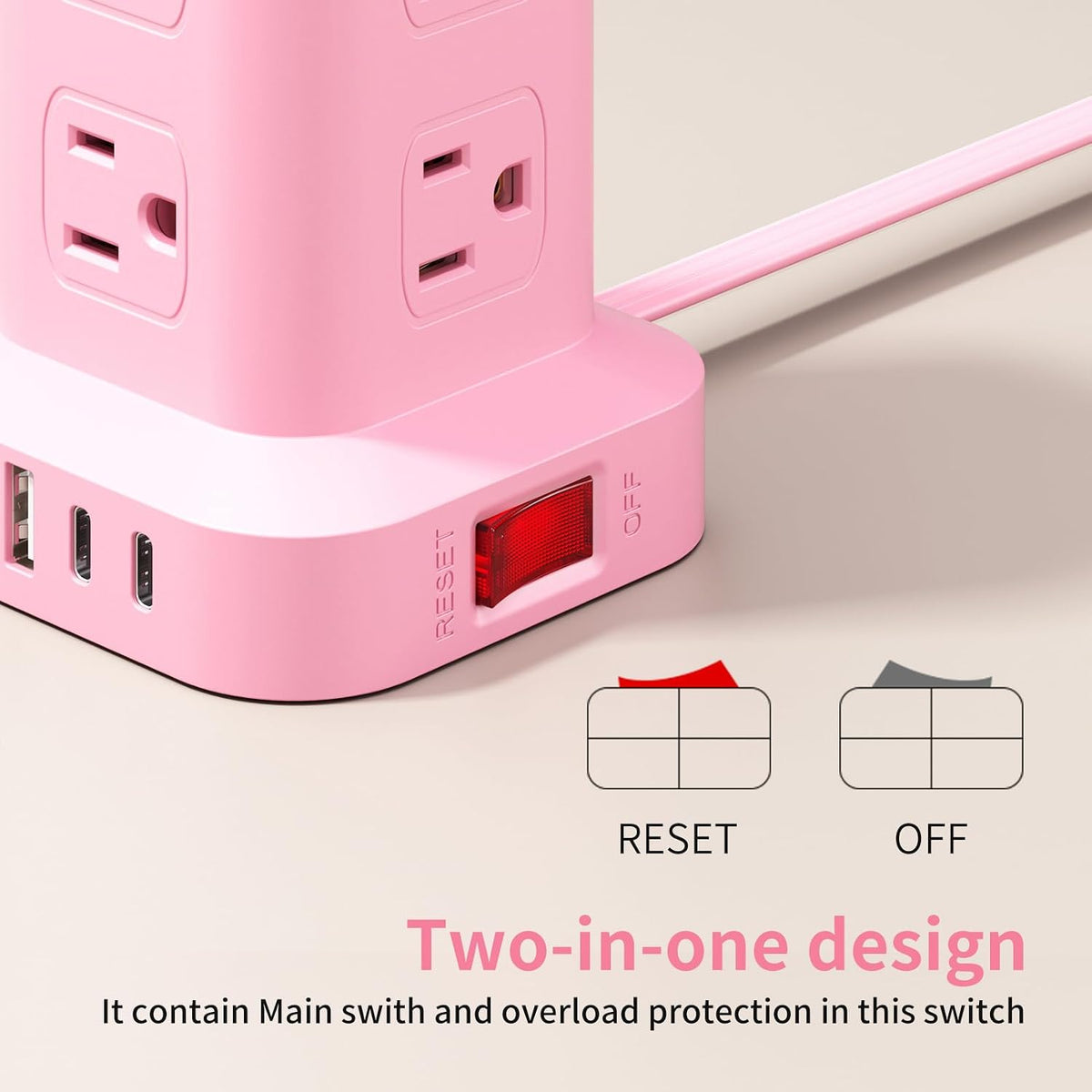 Extension Cord with Multiple Outlets, SMALLRT Power Strip Tower, Outlet Extender with 12 AC Outlets 4 USB, 6.5FT Extension Cord for Home Dorm Room, Office Supplies, Pink