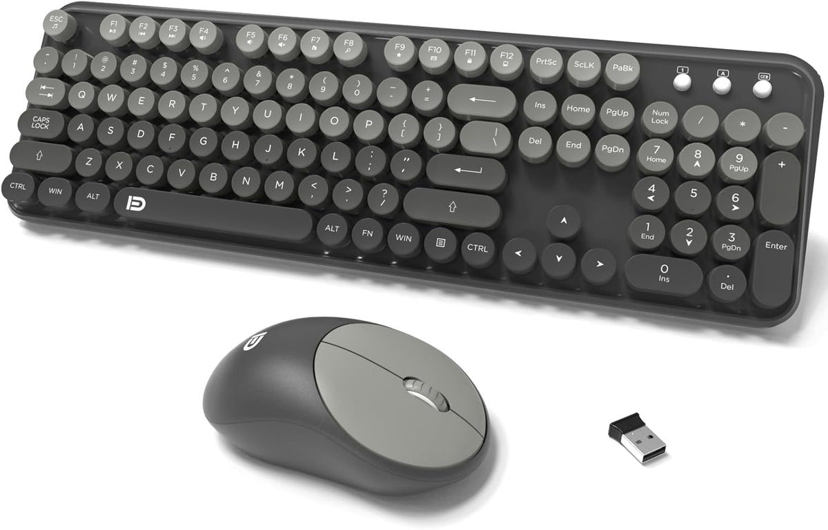 Wireless Keyboard and Mouse Combo,Retro Typewriter Bubble Keys,Black Grey