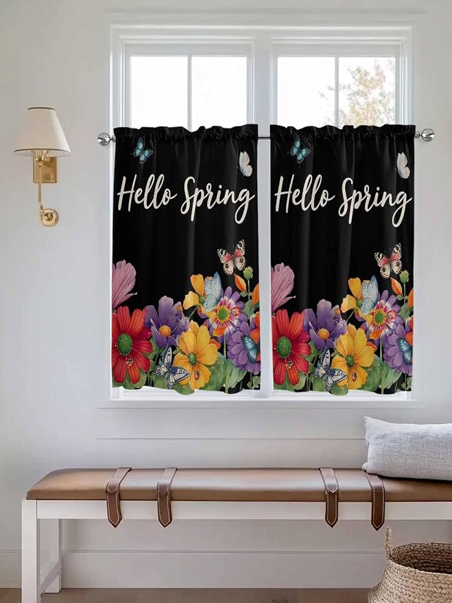 Spring Flowers Kitchen Curtains 54 Inches Length, Watercolor Country Colorful
